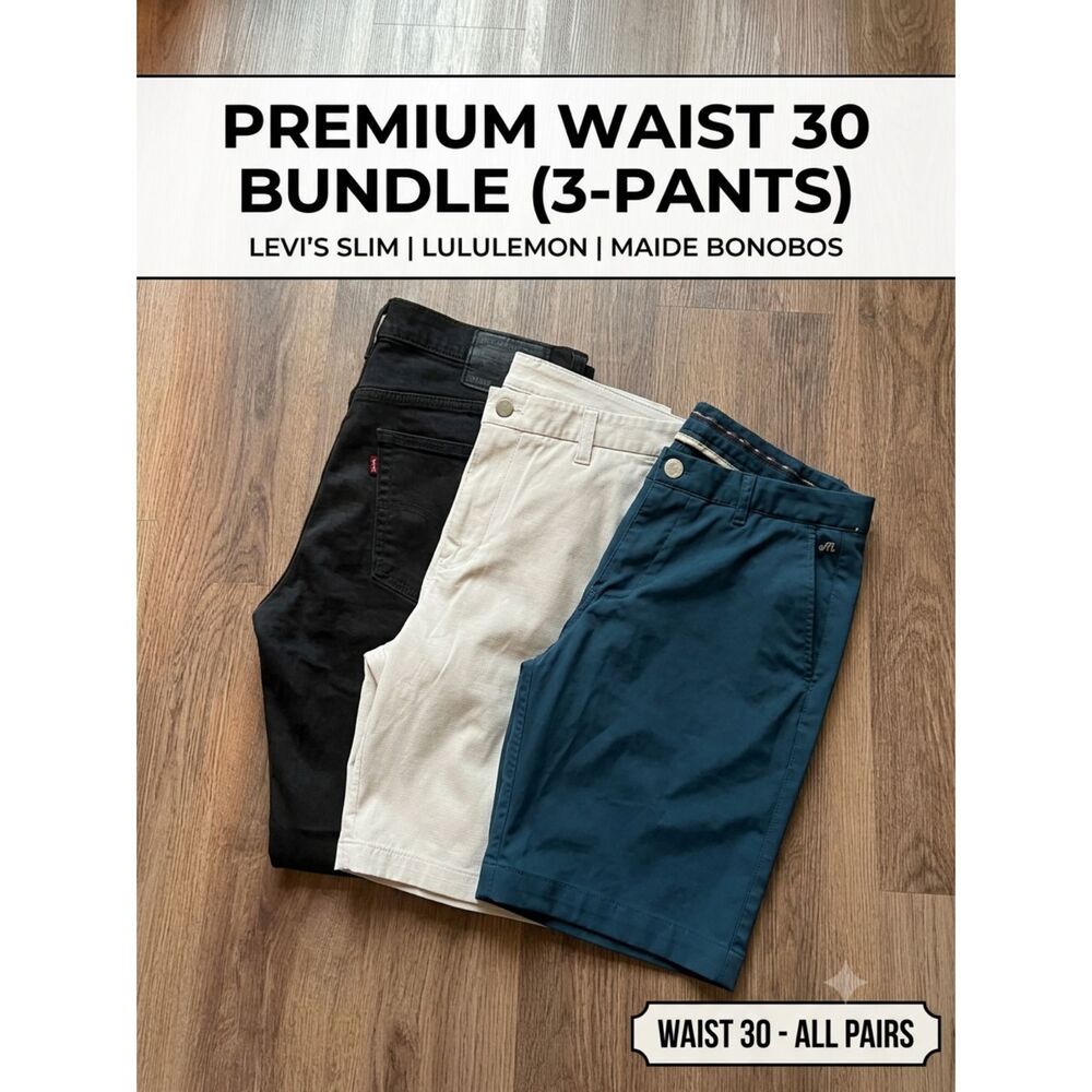 Mens Premium Waist 30 Pants Bundle - 3 Piece Lot (Levis, Lululemon, Maide Bonobo